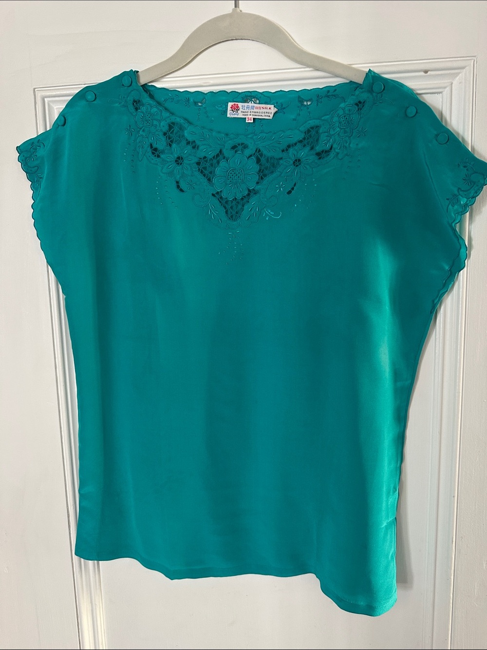 Silk Embroidered V-Neck Top in Teal
